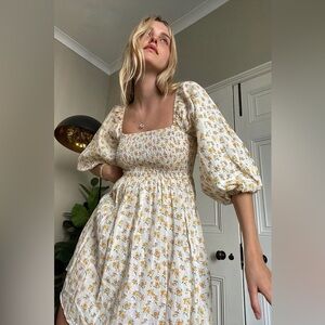 Urban Outfitters Sofia Yellow Floral Linen Mini Dress Puff Sleeve NWOT